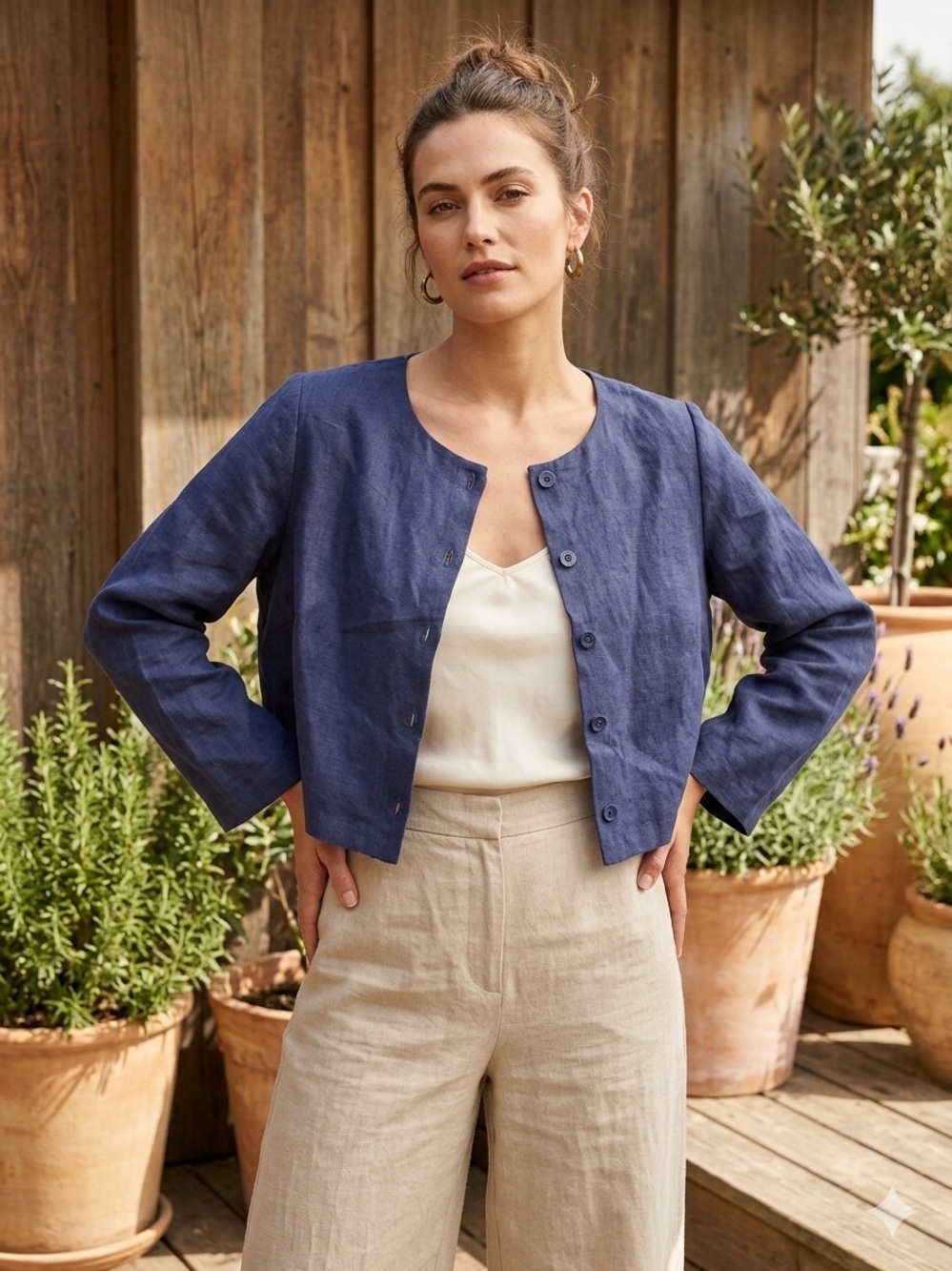 Vintage Navy Blue Linen Blend Button-Up